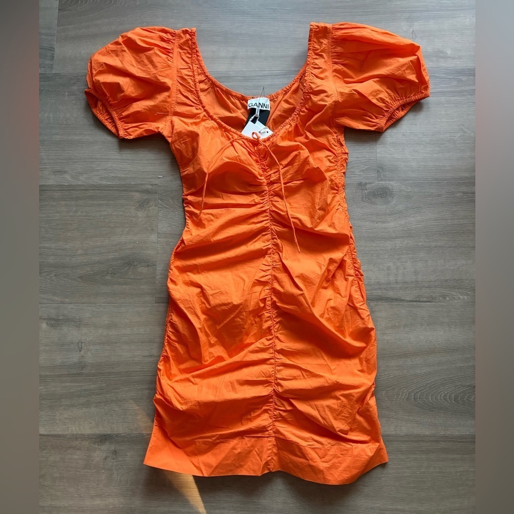 NWT Ganni Ruched Puff Sleeve Mini Dress in Vibrant Orange- size XS